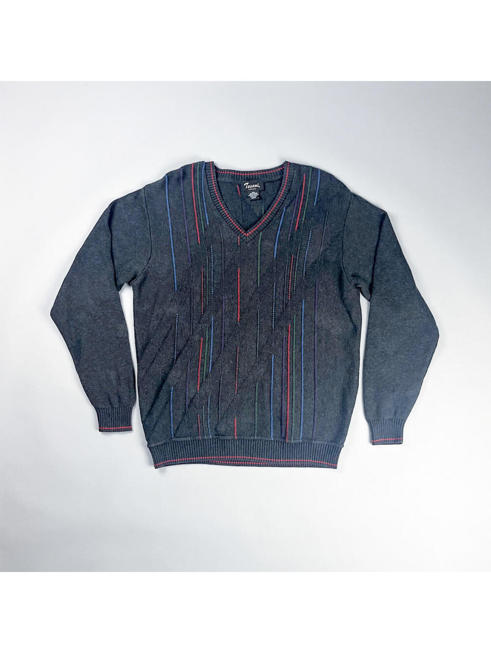 Vintage Knit Jumper | Men's Gray V-Neck Sweater with Multicolor Stripes